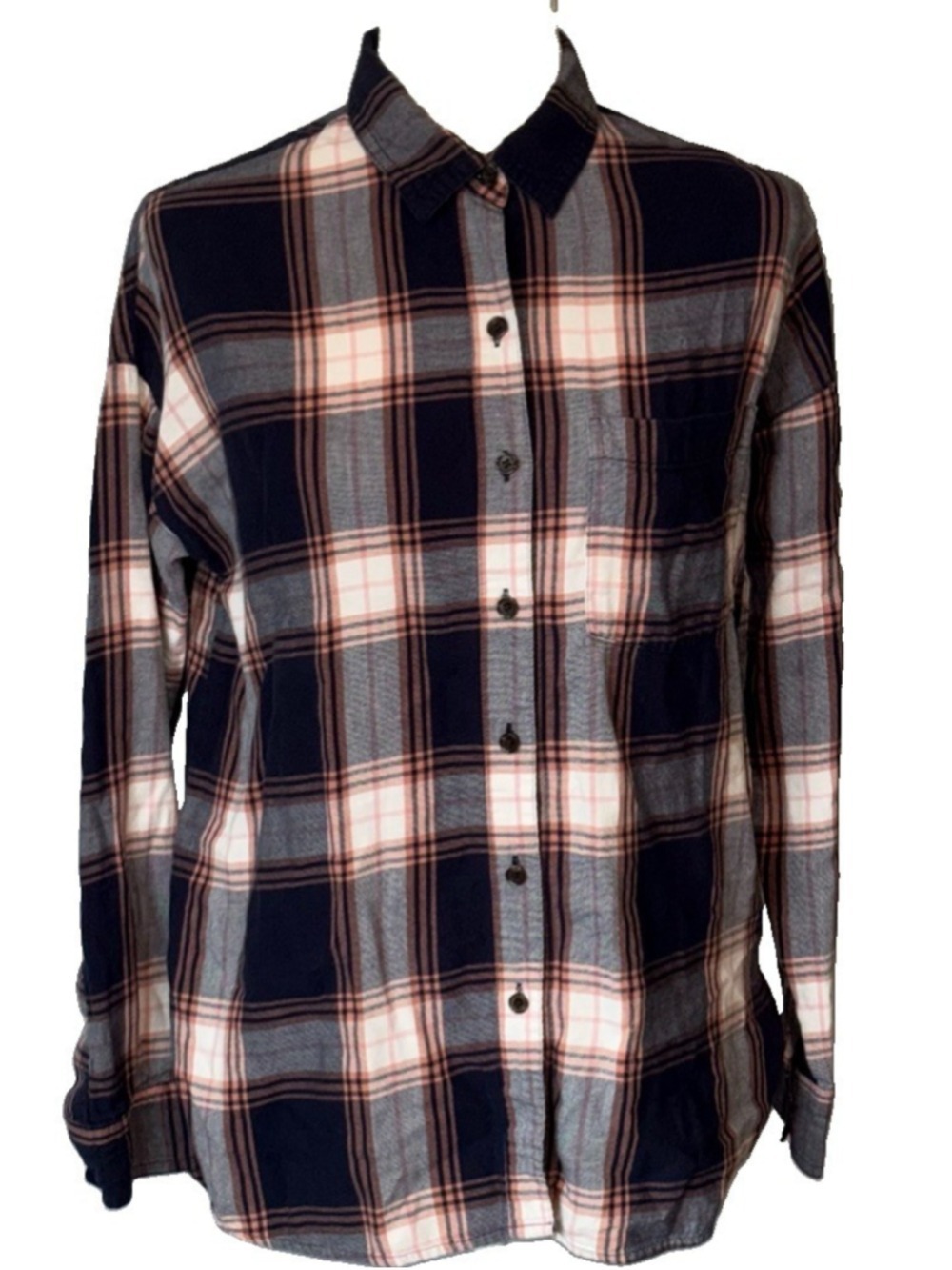 Old Navy Oversized Flannel Plaid Shirt S Boyfriend Navy Pink Indie Soft Grunge